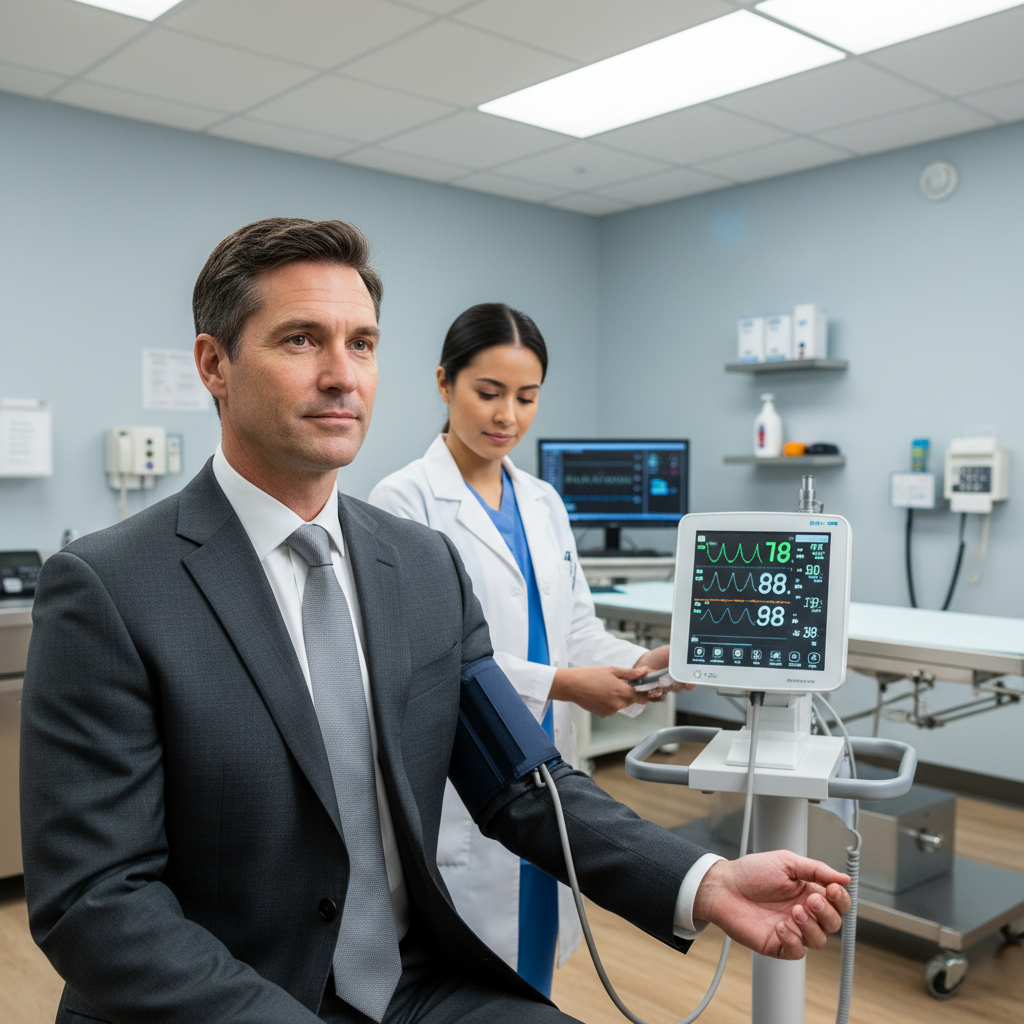 Senior executive undergoing comprehensive health checkup with specialist doctor consultation in India
