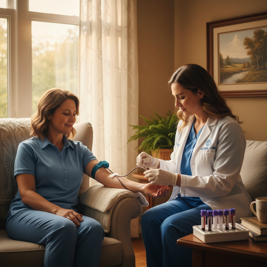 Phlebotomist collecting blood sample from corporate employee during company health checkup camp