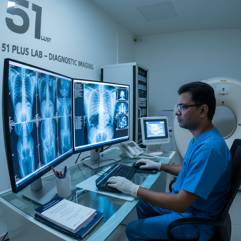 Radiologist examining digital X-ray images on computer screen in modern diagnostic imaging center at 51 Plus Lab Sector 51 Noida