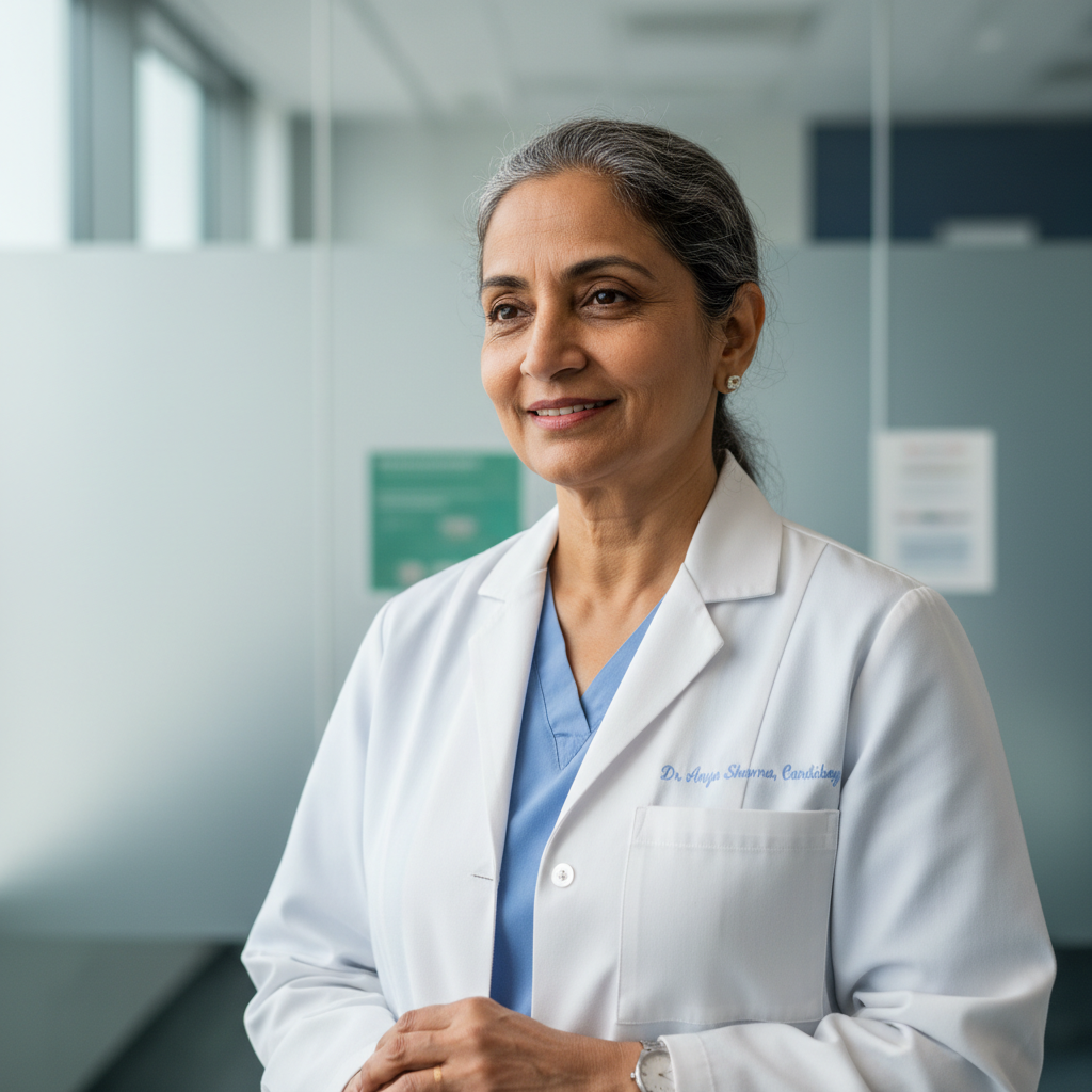 Indian male physician doctor in white coat smiling at clinic
