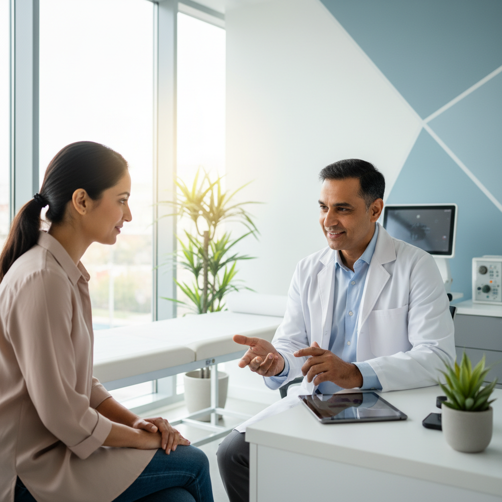 Indian specialist doctor consulting patient in a modern clinic at 51 Plus Lab Sector 51 Noida