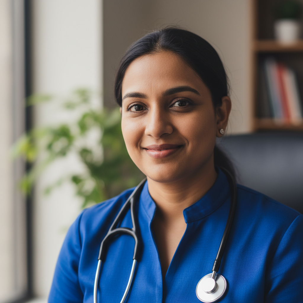 Indian female cardiologist doctor in white coat with stethoscope
