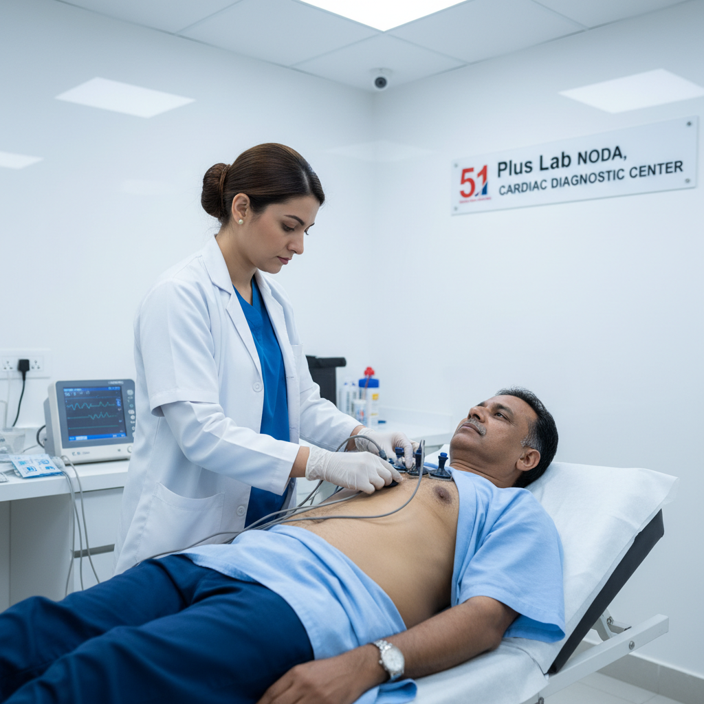 Doctor performing ECG electrocardiogram test on patient in modern cardiac diagnostic center at 51 Plus Lab Noida