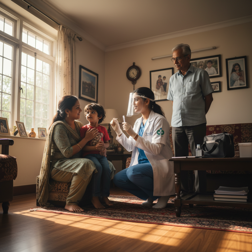 Indian healthcare professional collecting blood sample from patient at home during home collection service in Noida
