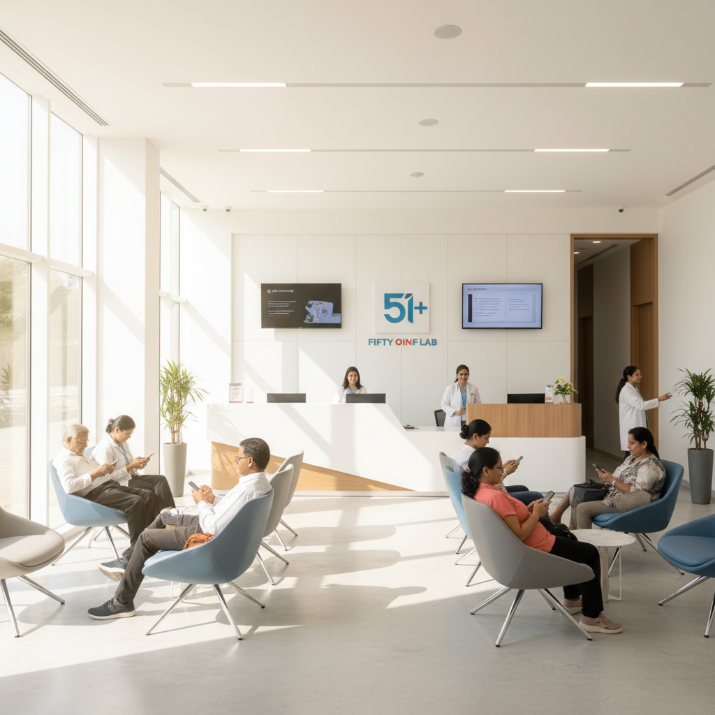 Modern diagnostic center reception area with Indian patients waiting and medical staff at FIFTY ONE PLUS LAB, Sector 51, Noida
