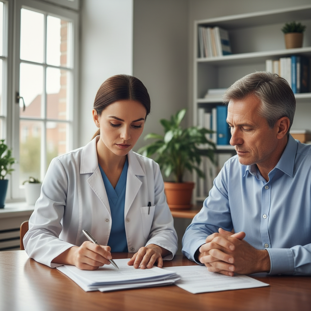 Medical professional reviewing insurance medical examination reports with patient at a clinic in India